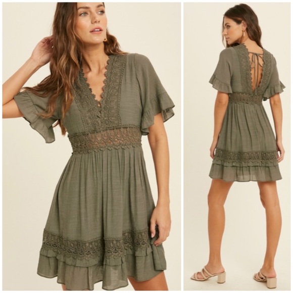 Dresses & Skirts - SOLD OUT Dainty Olive Green Bohemian Crochet Lace Trim Ruffle Short Mini Dress